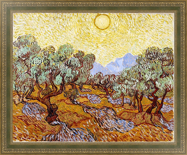 Постер Оливковые деревья с желтым небом и солнцем с типом исполнения На холсте в раме в багетной раме 484.M48.640