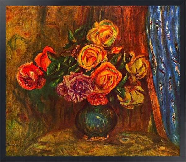 Постер Натюрморт. Розы на фоне синего занавеса с типом исполнения На холсте в раме в багетной раме 1727.8010