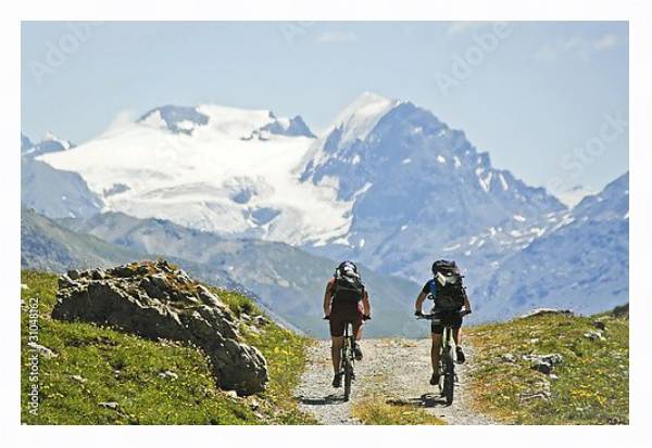 Постер Велосипедисты на фоне горы Ортлер, Италия с типом исполнения На холсте в раме в багетной раме 221-03
