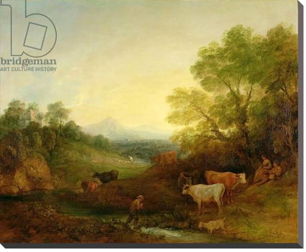 Постер A Landscape with Cattle and Figures by a Stream and a Distant Bridge, c.1772-4 с типом исполнения На холсте без рамы