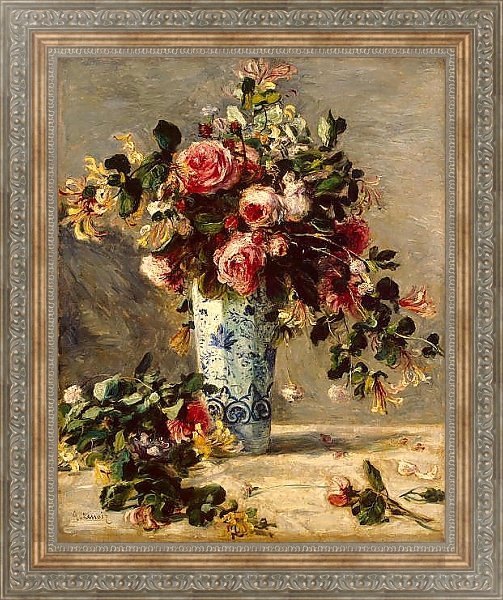 Постер Розы и жасмин в дельфтской вазе с типом исполнения На холсте в раме в багетной раме 484.M48.310