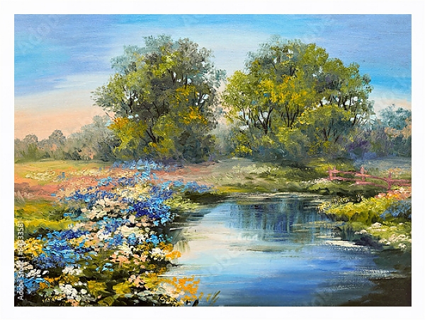Постер Река в лесу, красочные поля цветов с типом исполнения На холсте в раме в багетной раме 221-03
