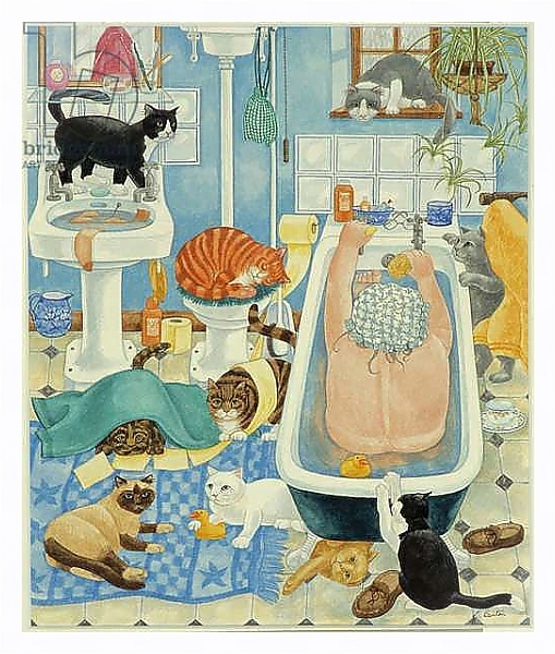 Постер Grandma and 10 cats in the bathroom с типом исполнения На холсте в раме в багетной раме 221-03
