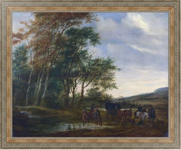 Постер Пейзаж с каретой и всадником у пруда с типом исполнения На холсте в раме в багетной раме 484.M48.310