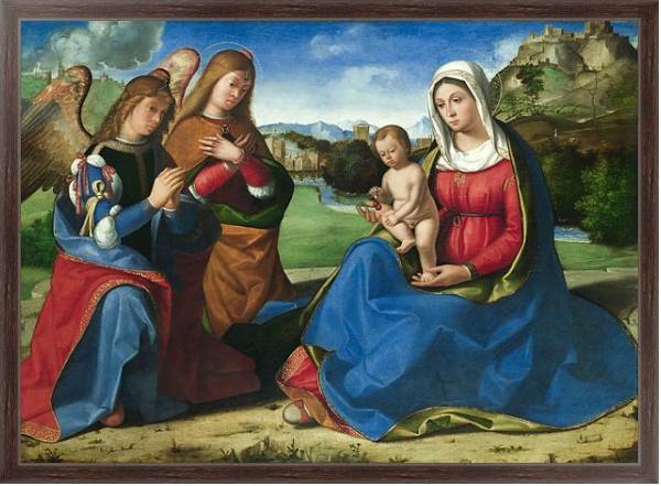 Постер Дева Мария и младенец с двумя ангелами с типом исполнения На холсте в раме в багетной раме 221-02