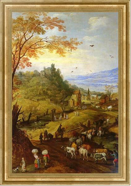 Постер Горный пейзаж со скотом на дороге с типом исполнения На холсте в раме в багетной раме NA033.1.051