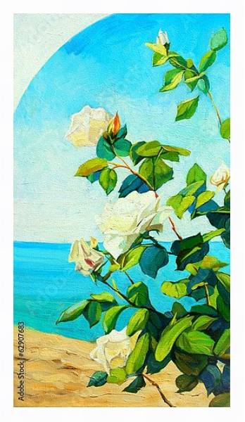 Постер Куст белых роз на фоне моря с типом исполнения На холсте в раме в багетной раме 221-03