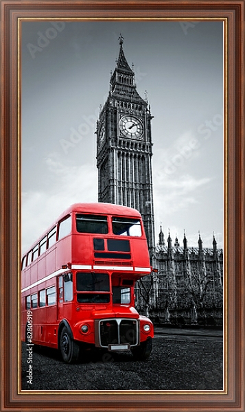Постер Лондон, Англия. Красный автобус и Биг Бен с типом исполнения На холсте в раме в багетной раме 35-M719P-83