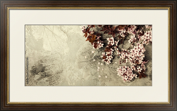 Постер Веточка цветущей вишни на сером фоне с типом исполнения Под стеклом в багетной раме 1.023.036