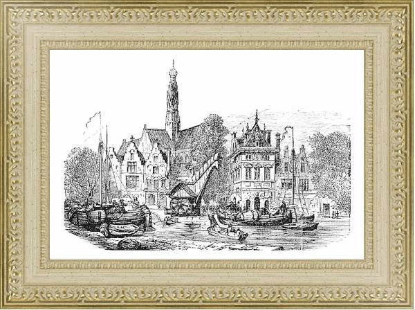 Постер Grain market and Saint-Bavochurch docks, in Haarlem,  Netherlands vintage engraving. с типом исполнения Акварель в раме в багетной раме 484.M48.725