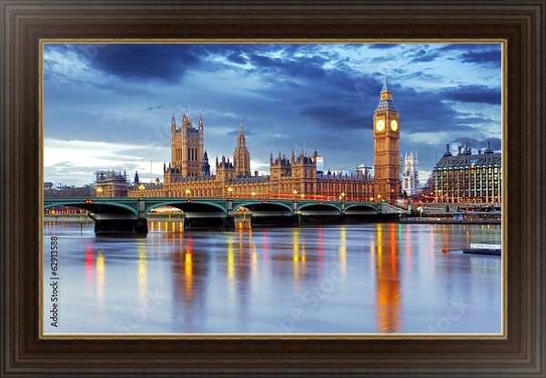 Постер Великобритания. Лондон. Парламент и Биг Бен с типом исполнения На холсте в раме в багетной раме 1.023.151