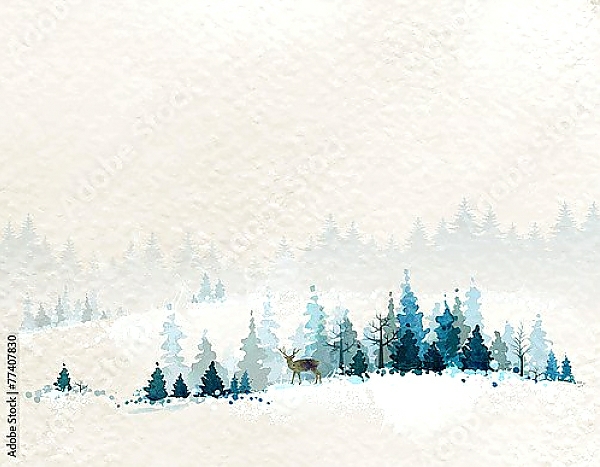 Постер Олень в зимнем лесу с типом исполнения На холсте без рамы
