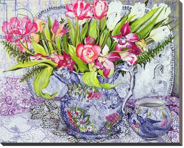 Постер Pink and White Tulips, Orchids and Blue Antique China с типом исполнения На холсте без рамы