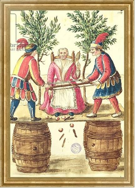 Постер Two Venetian magicians sawing a woman in half с типом исполнения На холсте в раме в багетной раме NA033.1.051