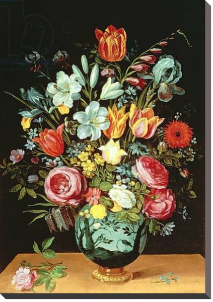 Постер A Still Life of Flowers in a Porcelain Vase Resting on a Ledge с типом исполнения На холсте без рамы