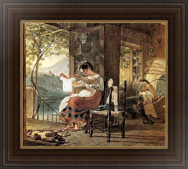 Постер Итальянка, ожидающая ребенка, разглядывает рубашку, муж сколачивает колыбель. 1831 с типом исполнения На холсте в раме в багетной раме 1.023.151