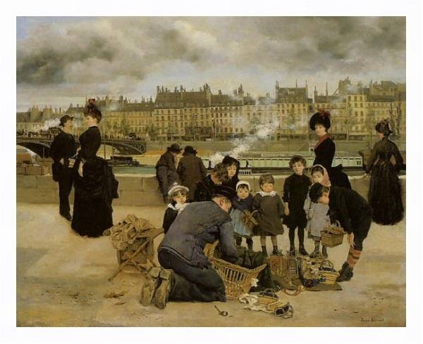Постер Children With a Toy Seller on the quai du Louvre с типом исполнения На холсте в раме в багетной раме 221-03