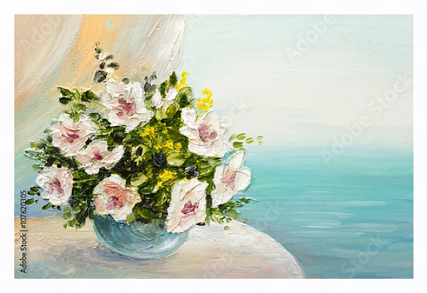 Постер Букет цветов на столе у моря с типом исполнения На холсте в раме в багетной раме 221-03