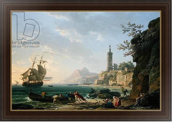 Постер A Coastal Mediterranean Landscape with a Dutch Merchantman in a Bay, 1769 с типом исполнения На холсте в раме в багетной раме 1.023.151