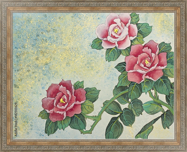 Постер Цветущий куст с тремя красными розами с типом исполнения На холсте в раме в багетной раме 484.M48.310