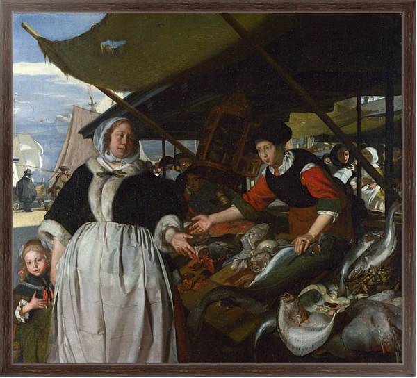 Постер Адриана ван Хьюсден с дочерью на рыбном рынке с типом исполнения На холсте в раме в багетной раме 221-02