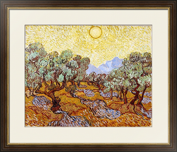 Постер Оливковые деревья с желтым небом и солнцем с типом исполнения Под стеклом в багетной раме 1.023.036