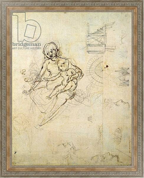 Постер Studies for a Virgin and Child and of Heads in Profile and Machines, c.1478-80 с типом исполнения На холсте в раме в багетной раме 484.M48.310