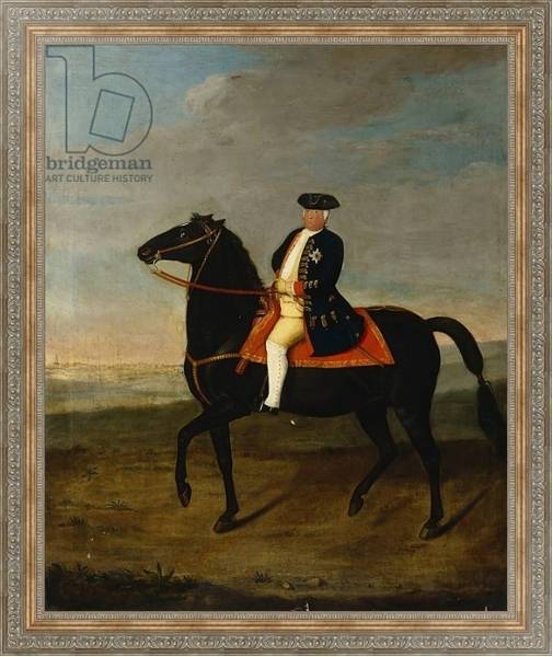 Постер King Frederick William I on Horseback with Potsdam in the background, c.1735 с типом исполнения На холсте в раме в багетной раме 484.M48.310
