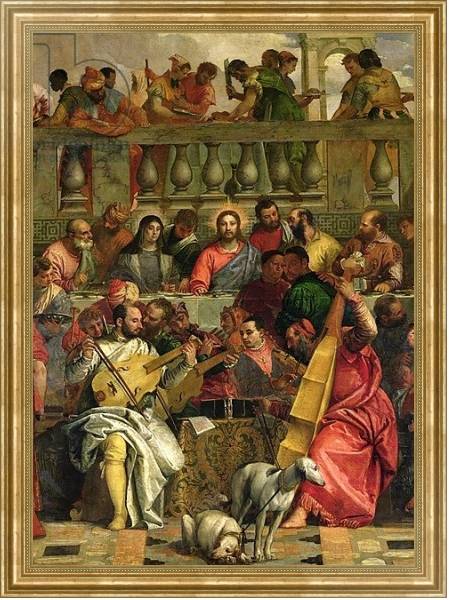 Постер The Marriage Feast at Cana, detail of Christ and musicians, c.1562 с типом исполнения На холсте в раме в багетной раме NA033.1.051