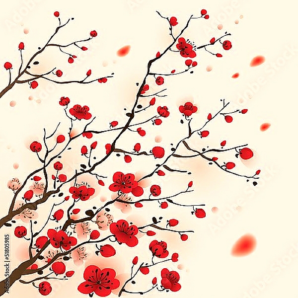 Постер Цветение сакуры с типом исполнения На холсте без рамы