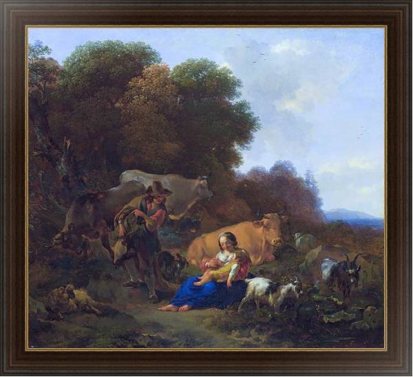 Постер Крестьянин, играющий с женщиной и ребенком с типом исполнения На холсте в раме в багетной раме 1.023.151