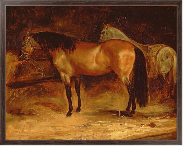 Постер A Bay Horse at a manger, with a grey horse in a rug с типом исполнения На холсте в раме в багетной раме 221-02