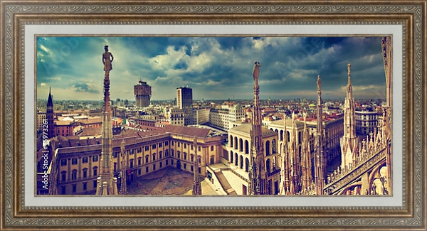 Постер Милан, панорамный вид с крыш с типом исполнения На холсте в раме в багетной раме 595.M52.330