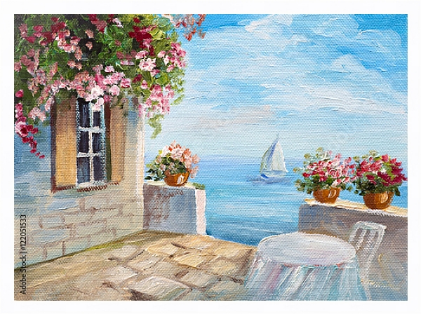 Постер Дом у моря с цветником с типом исполнения На холсте в раме в багетной раме 221-03