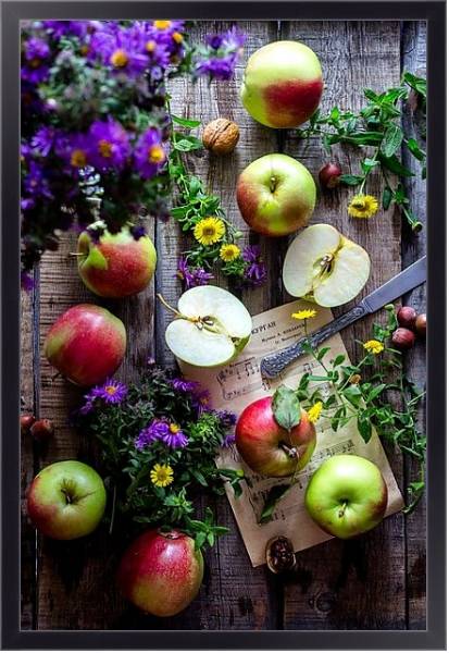 Постер Садовые яблочки, полевые цветы, орехи и ноты на столе с типом исполнения На холсте в раме в багетной раме 221-01