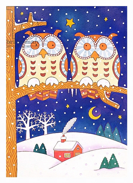 Постер Two owls on a branch с типом исполнения На холсте в раме в багетной раме 221-03
