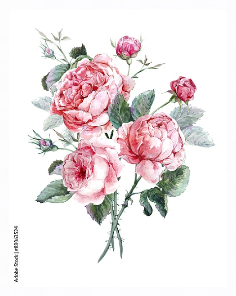 Постер Акварельный букет из розовых роз с типом исполнения На холсте в раме в багетной раме 221-03