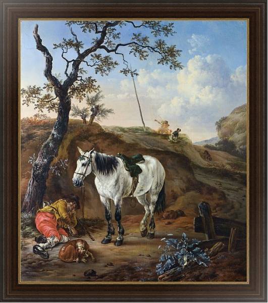 Постер Белая лошадь у спящего мужчины с типом исполнения На холсте в раме в багетной раме 1.023.151