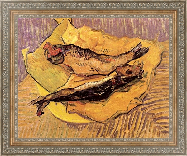 Постер Натюрморт: копченая селедка на куске желтой бумаги с типом исполнения На холсте в раме в багетной раме 484.M48.310