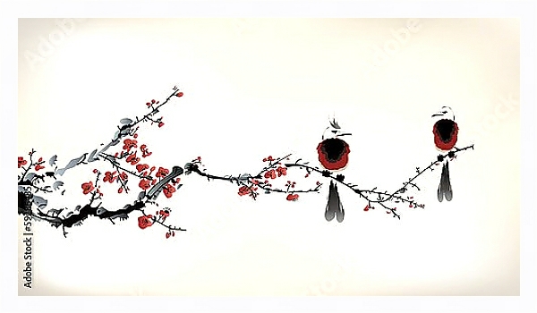 Постер Две птицы и ветка сакуры с типом исполнения На холсте в раме в багетной раме 221-03