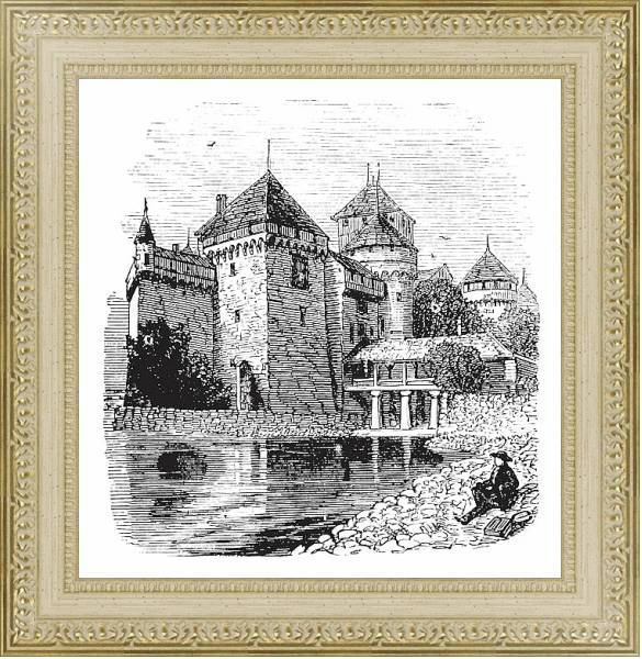 Постер Chillon Castle or Chateau de Chillon in Veytaux, Switzerland, during the 1890s, vintage engraving с типом исполнения Акварель в раме в багетной раме 484.M48.725