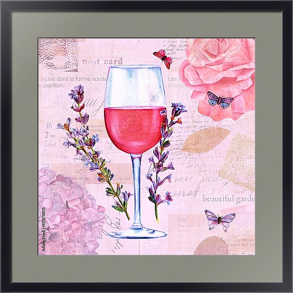 Постер Бокал с вином и цветами лаванды с типом исполнения Под стеклом в багетной раме 221-01