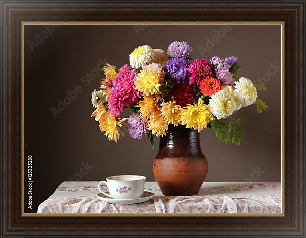 Постер Натюрморт с цветами и чашкой с типом исполнения На холсте в раме в багетной раме 1.023.151