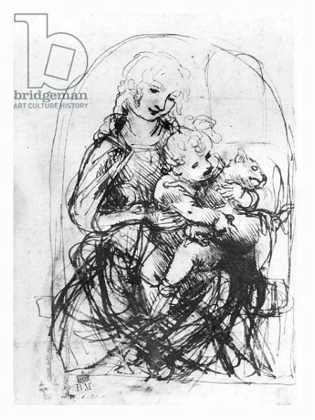 Постер Study for a Madonna with a Cat, c.1478-80 2 с типом исполнения На холсте в раме в багетной раме 221-03