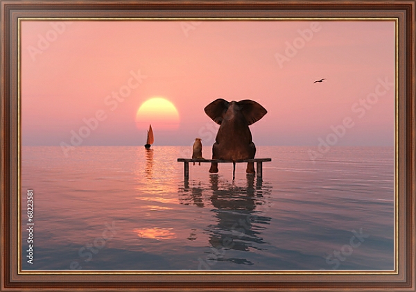 Постер Слон и собака, сидящие посреди моря с типом исполнения На холсте в раме в багетной раме 35-M719P-83