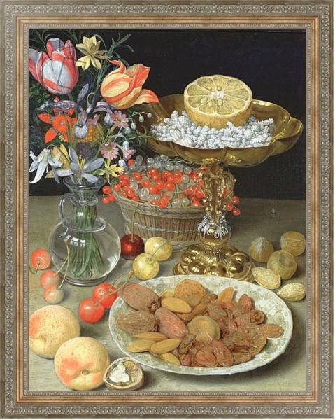 Постер Still life with flowers and dessert с типом исполнения На холсте в раме в багетной раме 484.M48.310