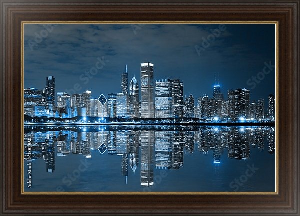 Постер Чикаго ночью с типом исполнения На холсте в раме в багетной раме 1.023.151