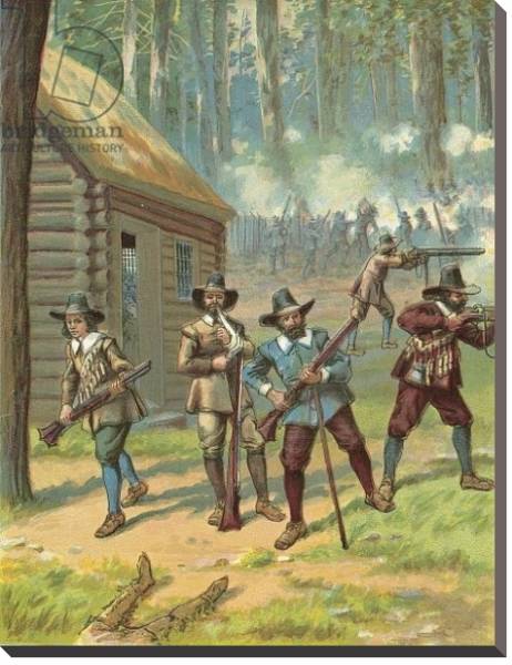 Постер The Pilgrims Fighting the Indians с типом исполнения На холсте без рамы