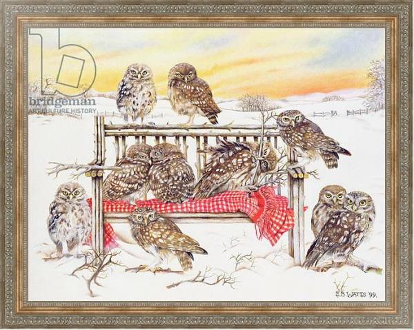 Постер Little Owls on Twig Bench, 1999 с типом исполнения На холсте в раме в багетной раме 484.M48.310