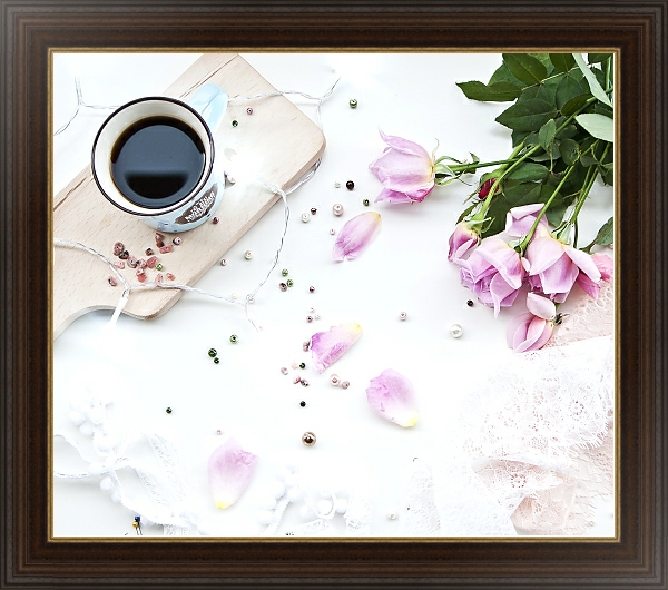 Постер Кашка кофе и букет роз с типом исполнения На холсте в раме в багетной раме 1.023.151